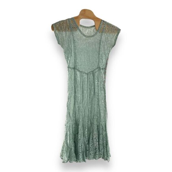 Vintage Women's Lace Sheer Crew Neck Midi A-Line Dress Green Size Medium - Picture 1 of 4